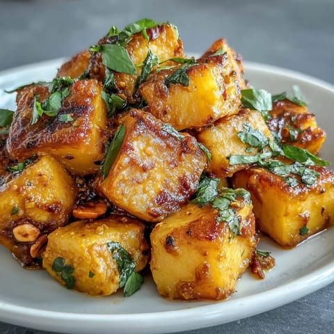 A hearty serving of curried celeriac over fluffy white rice, topped with crunchy toasted cashews and a sprinkle of herbs.