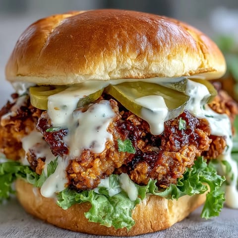 Crave-worthy spicy chicken sandwich featuring ultra-crispy fried chicken cooled by luscious sauce, layered with pickles and lettuce on buttery brioche.