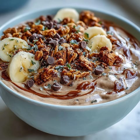 A close-up of a spoon scooping into a rich chocolate and peanut butter Chunky Monkey Smoothie Bowl, revealing a thick, frosty texture.
