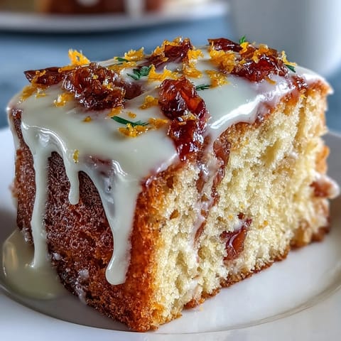 Moist Heavenly Blood Orange Yogurt Cake with creamy glaze on a marble board.