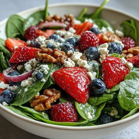 Fresh baby spinach and mixed berries tossed with crumbled goat cheese and toasted walnuts in a vibrant salad bowl.