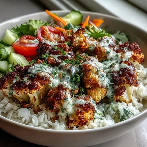 A vibrant Roasted Cauliflower Bowl with fresh cucumbers, carrots, and zesty tahini sauce for dinner.