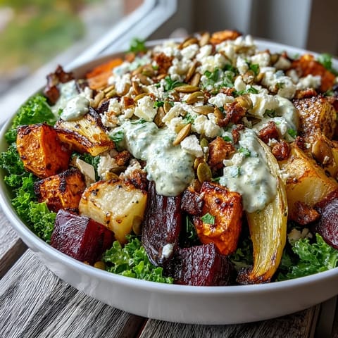 Golden roasted carrots, parsnips, sweet potato, and beet slices atop massaged kale in a Winter Root Vegetable Bowl, drizzled with warm, tangy dressing and pumpkin seeds.