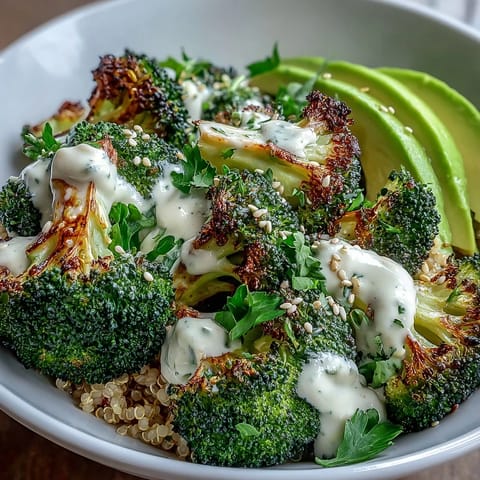 Golden crispy roasted broccoli and red onion atop fluffy quinoa in a white bowl.
