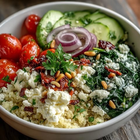 Fork-ready Spinach and Feta Grain Bowl topped with cherry tomatoes, cucumber, and red bell peppers.