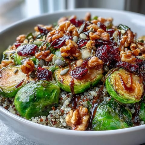Hearty grain bowl featuring caramelized Brussels sprouts, topped with toasted walnuts, dried cranberries, and pumpkin seeds for a wholesome, fiber-rich lunch.