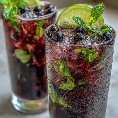 Tangy Blackcurrant Mojito cocktail served in a tall glass with fresh mint leaves, lime wedges, and vibrant blackcurrants over ice cubes.