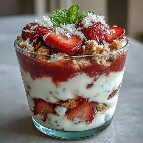 Creamy Greek yogurt and sweet guava preserves layered with granola and fresh fruit in a glass.