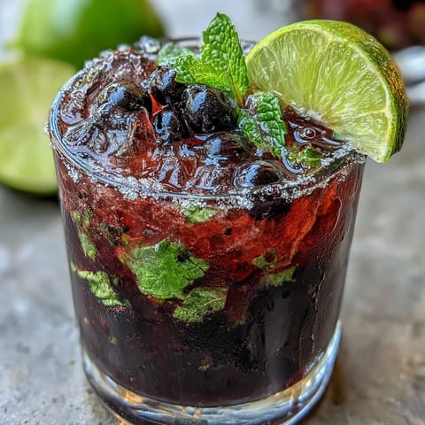 Black Currant Mojito served in a tall glass with fresh mint leaves and crushed ice.