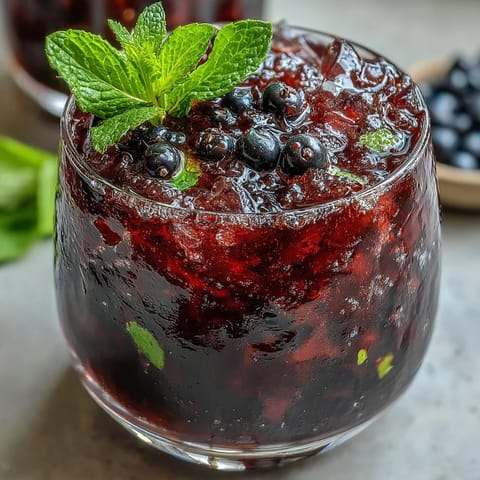 Inside a highball glass, muddled mint leaves and black currant jam swirl with white rum and soda water.
