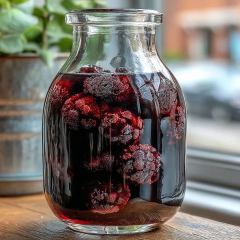 Deep purple Blackcurrant Vodka Liqueur, freshly strained into a glass bottle with fresh berries nearby on a rustic table.