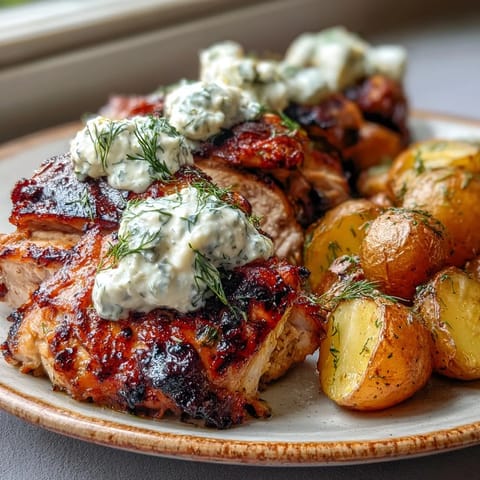 Sliced Spicy Yogurt Marinated Chicken with Dill Feta Cream & Crispy Baby Potatoes reveals tender meat beside golden, crunchy potatoes.