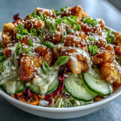 Colorful Bang Bang Chicken Bowl garnished with green onions and sesame seeds, ready for a quick weeknight meal.