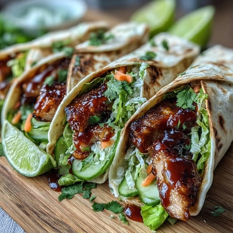 Golden browned chicken wrapped in a soft tortilla is topped with bright green cilantro and drizzled with extra sweet chili sauce. 