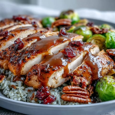 Juicy chicken glazed with sweet and tangy sauce sits alongside caramelized sweet potatoes and sprouts in a warm bowl.