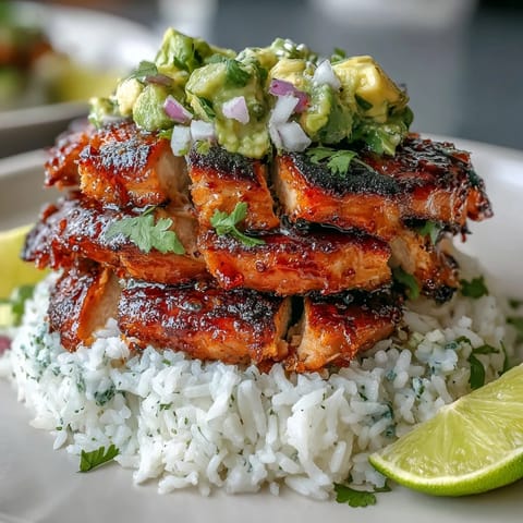 Fresh cilantro and red onion top this tangy honey lime chicken and avocado rice stack served with lime wedges.