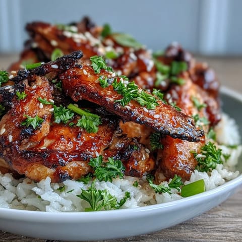 Freshly baked Oven-Baked Honey Garlic Chicken Wings glistening with sticky glaze over a bed of buttery rice.