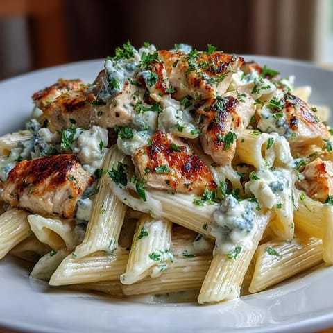 Fresh parsley and extra crumbled feta top the Creamy Lemon Feta Chicken Pasta, with steam rising from the tender chicken. 