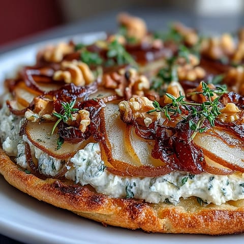 Goat Cheese & Pear Flatbread topped with sweet pear slices, thyme, and a generous drizzle of hot honey, ready to serve.