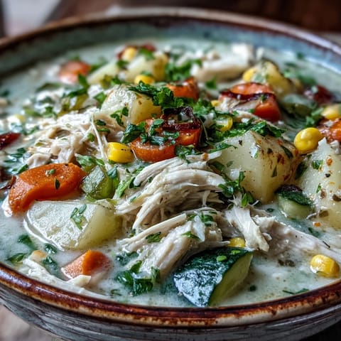 A ladle pours creamy Ranch Chicken Veggie Soup into a rustic bowl, revealing tender chicken, potatoes, and colorful vegetables.