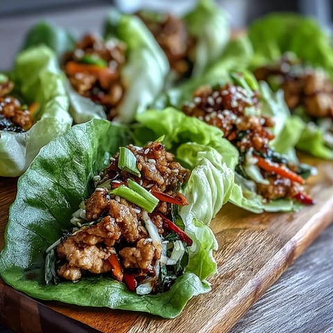 Freshly cooked ground turkey stir-fry with ginger and soy in crisp butter lettuce cups for Turkey Potsticker Stir-Fry Lettuce Wraps.