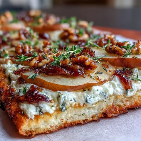 Freshly baked Goat Cheese & Pear Flatbread with hot honey, featuring juicy pear slices, creamy cheese, and thyme garnish on a white plate.
