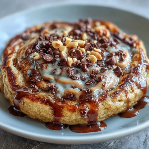 Freshly baked Peanut Butter Cup Protein Pancake Bowl with melty chocolate chips and creamy peanut butter drizzle, served warm in a ramekin.