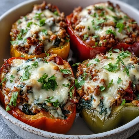 Freshly baked Turkey and Veggie Stuffed Bell Peppers featuring zucchini, carrots, and brown rice garnished with parsley.