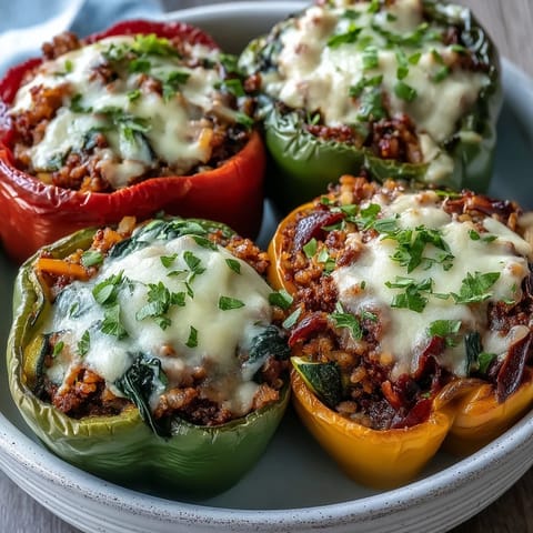 Golden-brown Turkey and Veggie Stuffed Bell Peppers topped with melted mozzarella cheese in a baking dish.