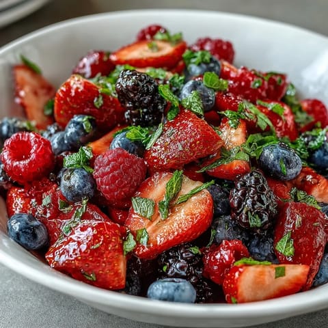 A vibrant Fresh Summer Berry Salad with Mint and Honey drizzled over ripe berries in a glass bowl.