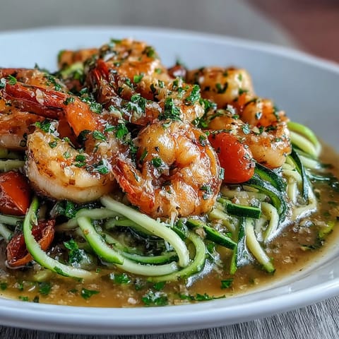 Tossing spiralized zucchini noodles with garlic and cherry tomatoes for this low-carb Skinny Shrimp Scampi recipe.