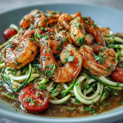 Freshly cooked Skinny Shrimp Scampi with Zucchini Noodles in a skillet, featuring tender shrimp in a bright lemon garlic sauce.