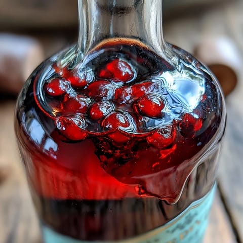 Homemade black currant rum liqueur with vanilla bean, showcasing rich berry aroma and smooth dark rum infusion.  