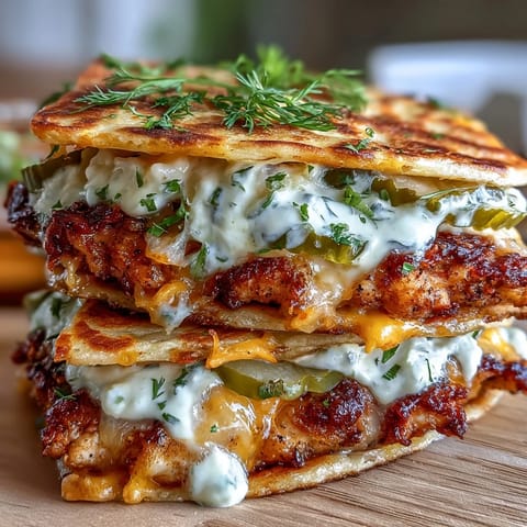 Tangy dill pickles and creamy ranch sauce top smashed chicken in tortillas with a crunchy cheese crust.