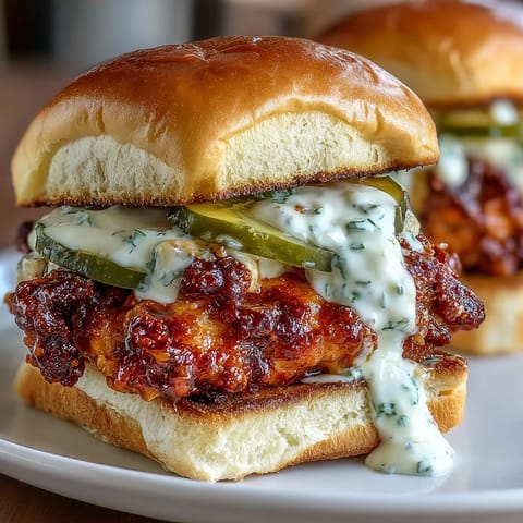 Fiery fried chicken thighs on toasted slider buns, drizzled with creamy dill pickle aioli for a zesty Southern bite.