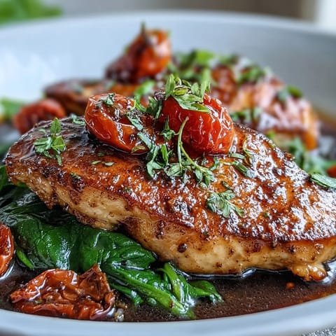 One-Pan Balsamic Chicken with Tomatoes and Spinach, a vibrant dish featuring seared chicken breasts simmered in tangy balsamic glaze with sweet cherry tomatoes and wilted spinach.