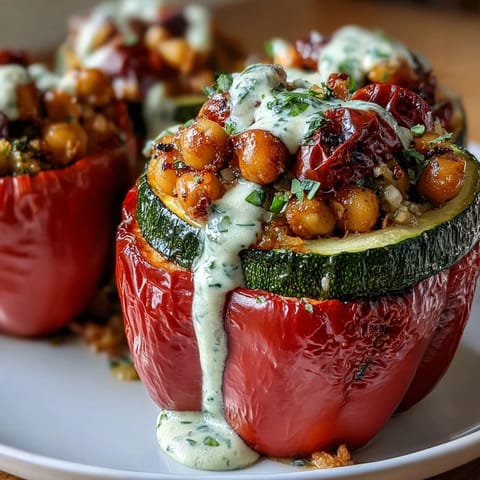 Colorful bell peppers packed with a savory chickpea and vegetable filling, topped with a tangy lemon tahini drizzle for a healthy vegan meal.  