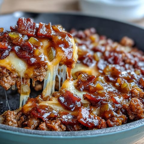 A sizzling skillet filled with juicy ground beef, crispy bacon, and melted cheddar cheese, all coated in tangy sugar-free BBQ sauce.