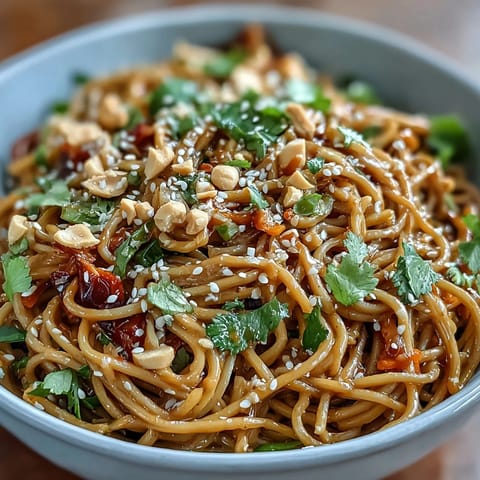 Vibrant Asian-inspired soba noodle salad topped with spicy peanut sauce, crisp vegetables, and fresh cilantro for a refreshing meal.  