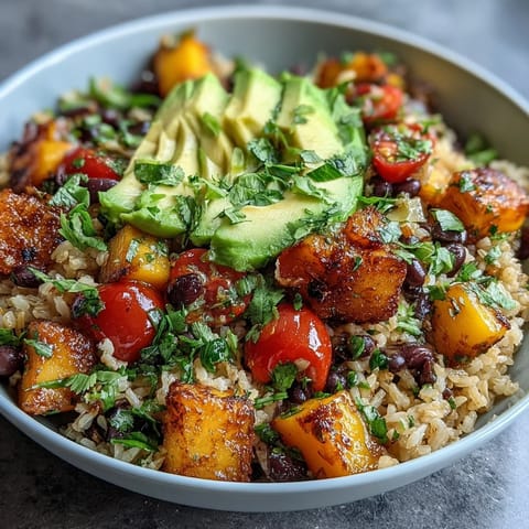 Hearty vegetarian fiesta bowl featuring nutty brown rice, juicy mango, black beans, and crisp veggies, topped with citrus dressing.