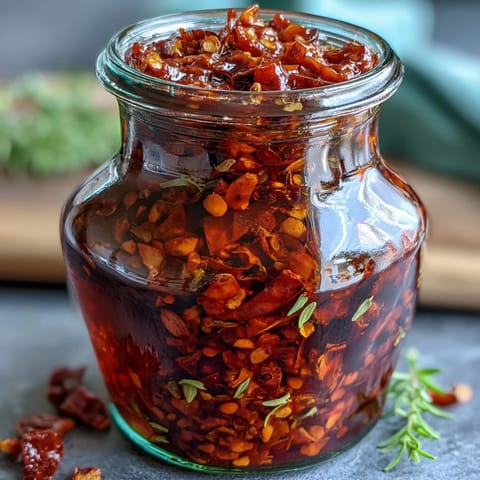 Rich, aromatic Calabrian chili oil infused with garlic and herbs, perfect for adding heat to pizza or sandwiches.  