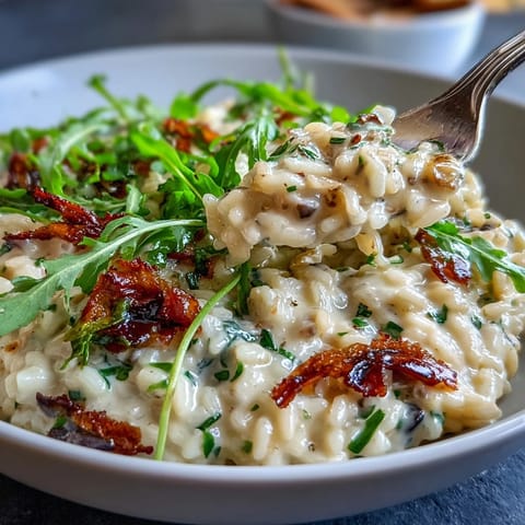 Creamy truffle risotto with fresh pea shoots, rich and aromatic, perfect for a luxurious dinner.
