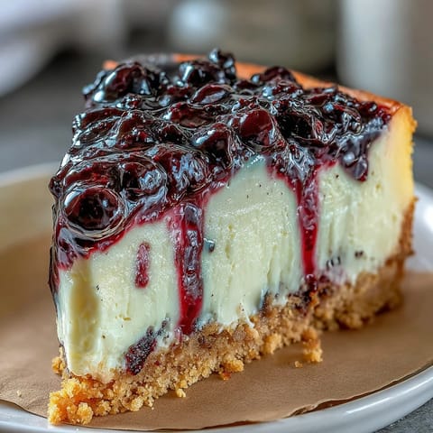 Decadent black currant cheesecake with creamy filling and vibrant berry swirls, perfect for elegant dessert spreads.  