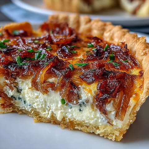 This savory tart features layers of smoky bacon, golden caramelized onions, and rich custard baked in a buttery pastry crust.  