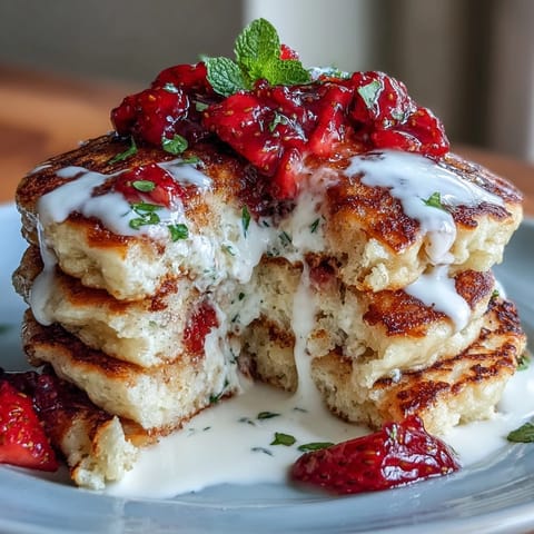 Fluffy cottage cheese strawberry protein pancakes stacked high and topped with fresh, juicy strawberries.