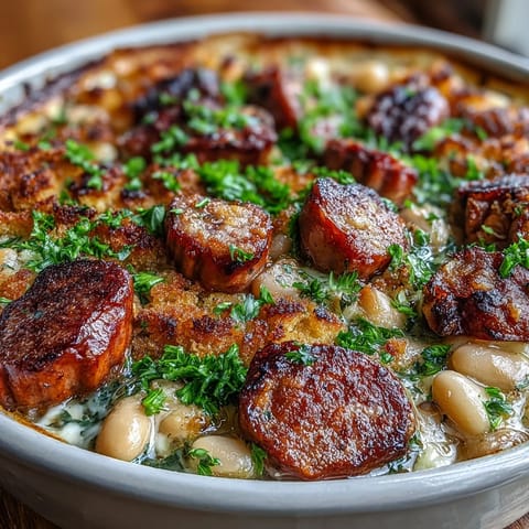 Hearty Ham and White Bean Cassoulet with smoky sausage, tender beans, and golden breadcrumbs baked to perfection.
