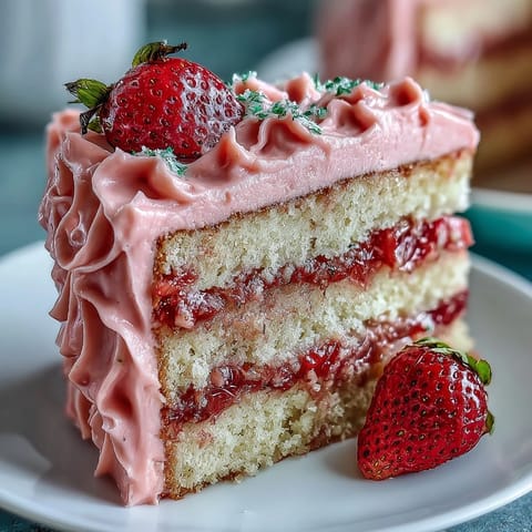 A vibrant pink layer cake bursting with fresh strawberry and zesty lemonade flavors, topped with luscious strawberry frosting.