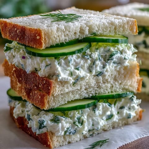 A platter of classic cucumber tea sandwiches with herbed cream cheese, perfect for elegant afternoon tea gatherings.  