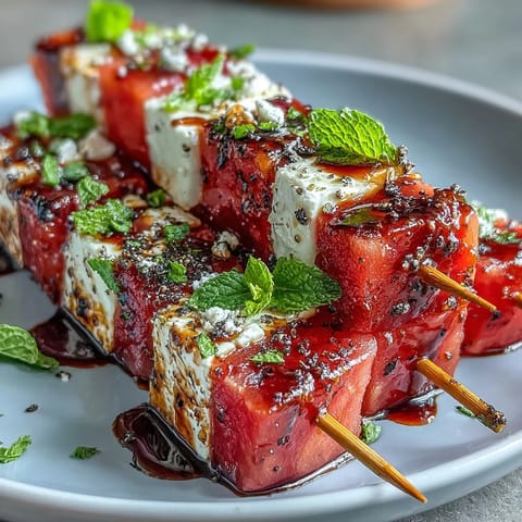 Refreshing watermelon feta skewers garnished with mint, perfect for easy entertaining and light Mediterranean-style snacking.  