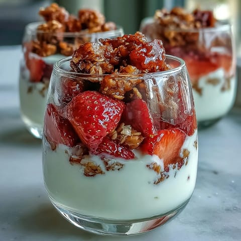 Mini strawberry yogurt parfaits in shot glasses with layers of fresh berries and granola, perfect for parties and elegant dessert tables.  